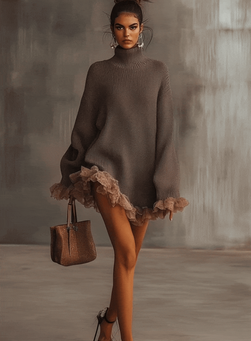 Brown Ruffled Hem Turtleneck Knit Sweater Dress