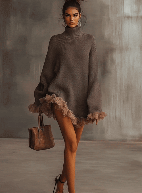 Brown Ruffled Hem Turtleneck Knit Sweater Dress