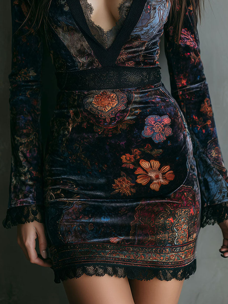 Boho Flower Print V-Neck Velvet Fitted Mini-Length Dress With Lace Trim