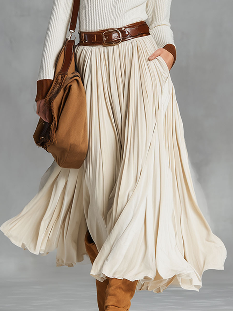 Modern Fashionable And Simple Beige Velvet Lace-up Pocket Skirt