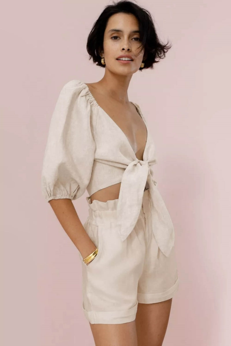 Modern Linen Wrap Front Tie Puff Sleeve Shorts Sets In Khaki