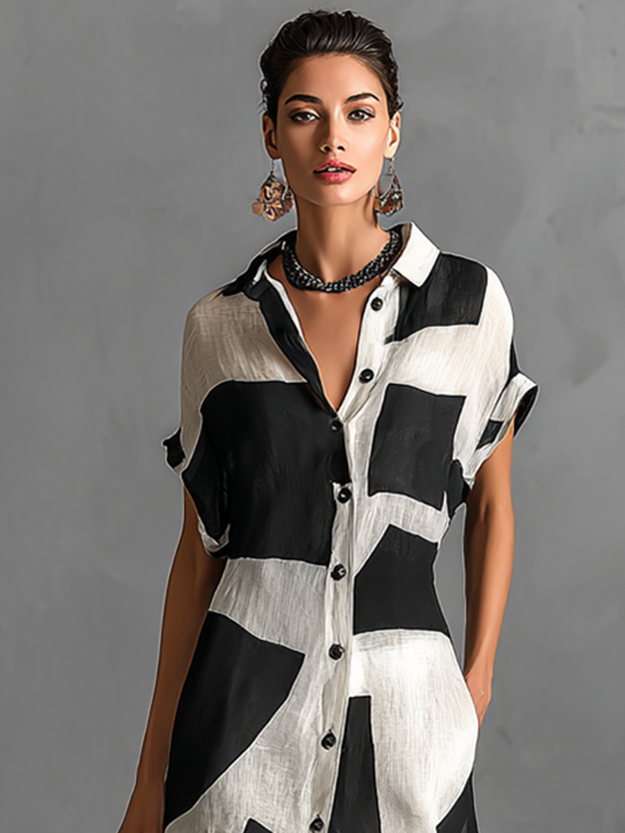 Modern Cotton-Linen Geometric Print Short-Sleeve Maxi Shirt Dress