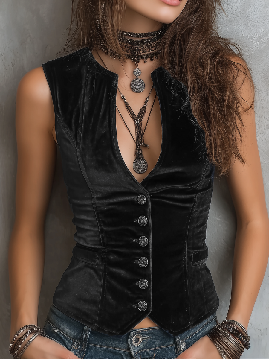 Retro Round V-Neck Velvet Vest