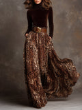 Refined Turtleneck Velvet Top & Leopard Print Long Skirt Set With Belt