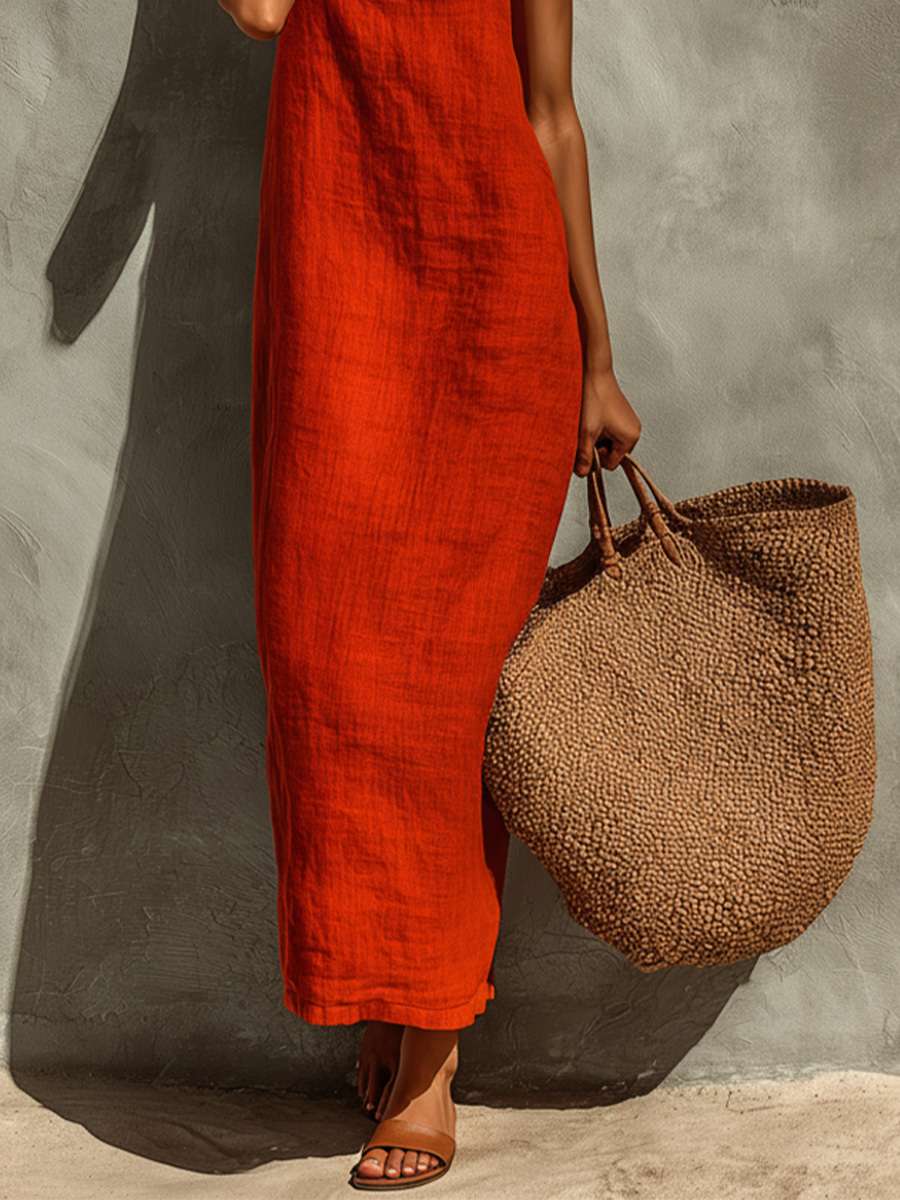Modern Red Cotton Square Neck Spaghetti Strap Dress