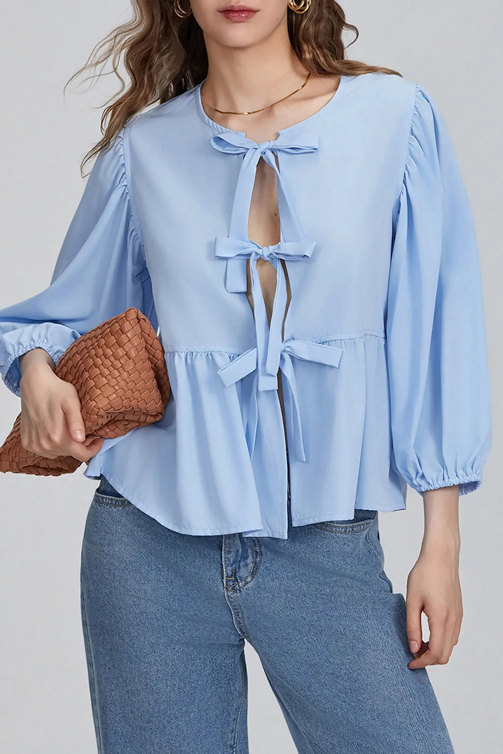 Modern Puff Sleeve Peplum Bow Ties Blouse Top