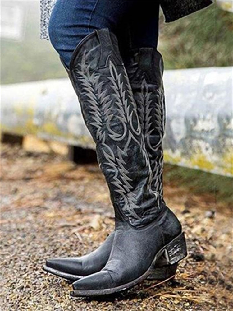 Retro Western Cowboy Embroidered Knee-High Boots