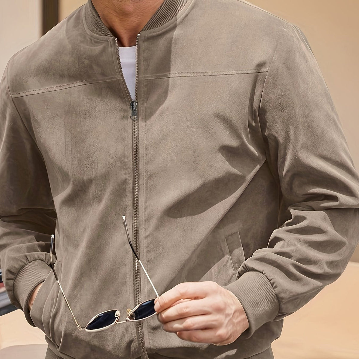 Suede Leather Jacket with Multiple Pockets