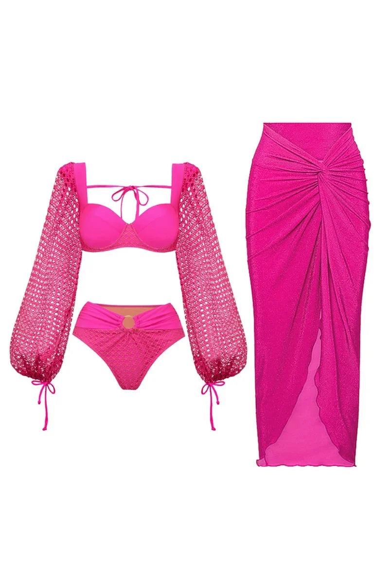 Fluorescent Pink Open-Back Swimwear Set