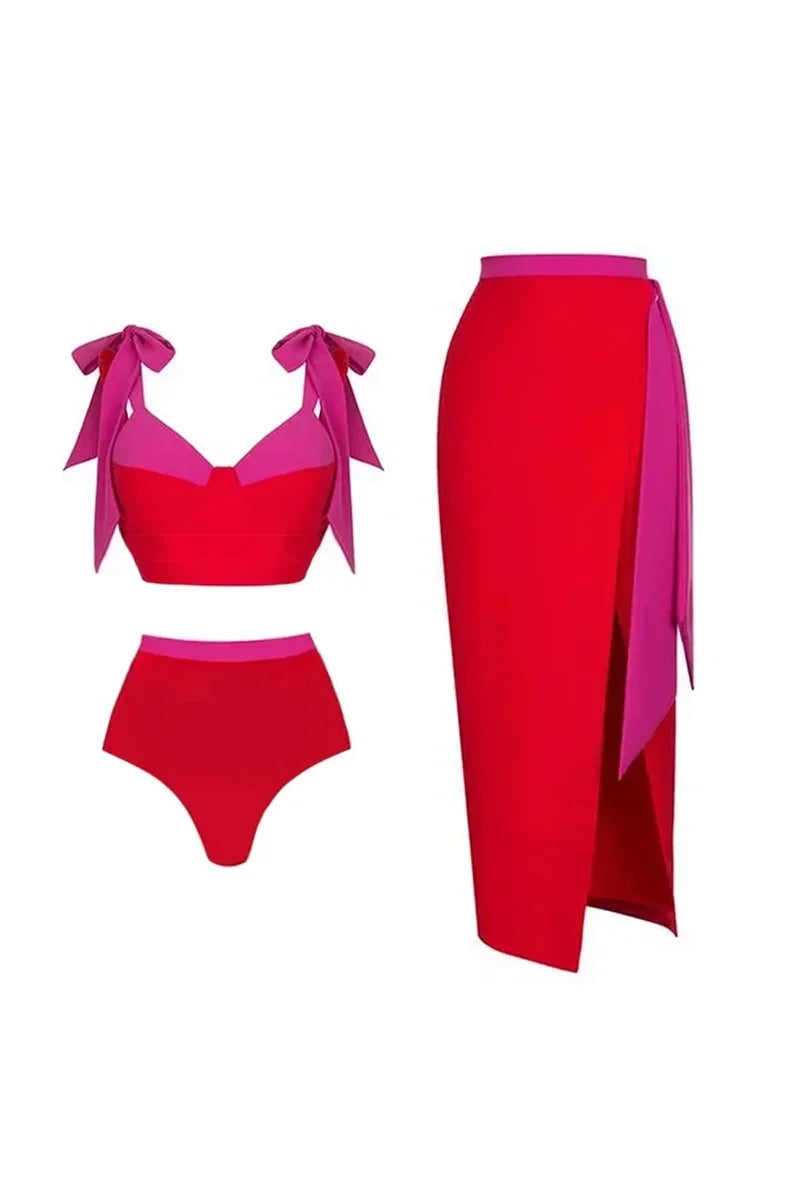 Colorblock Bow Tie Bikini Swimwear Set