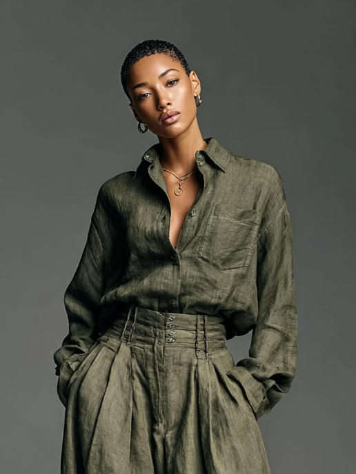 Women's Fashion Cotton And Linen Blended Long Sleeve Shirt Wide-Leg Trousers Two-Piece Set
