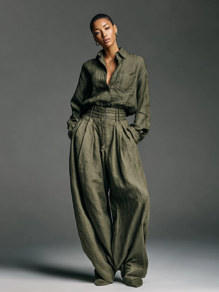 Women's Fashion Cotton And Linen Blended Long Sleeve Shirt Wide-Leg Trousers Two-Piece Set