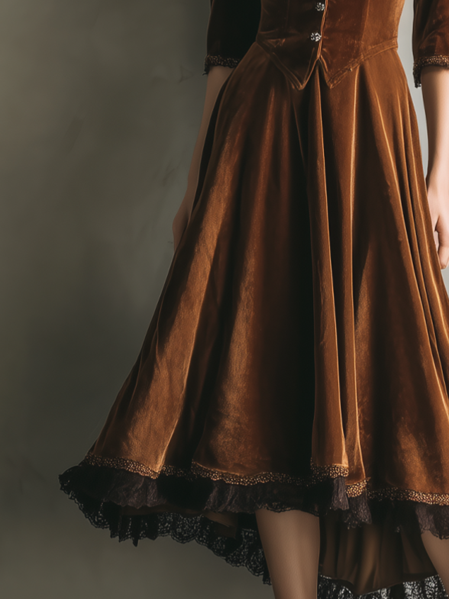Retro Three-Quarter Sleeves Lace Velvet Midi-Length Dress