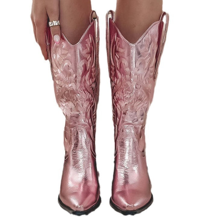 Modern Embroidered Pointed Toe Thick Heel Western Boots