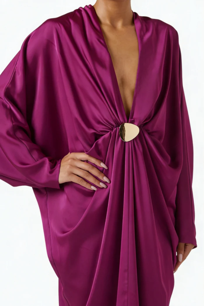 Magenta Satin Neck Maxi-Length Dress in Satin