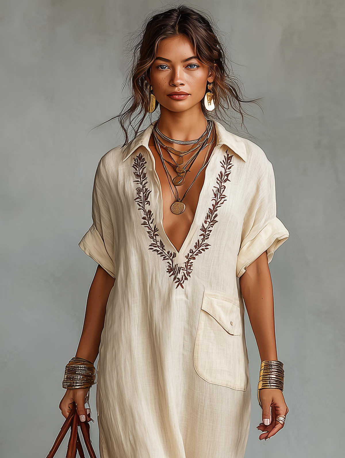 Clean-Lined Linen Blend Embroidered Short-sleeved Shirt Maxi-Length Dress