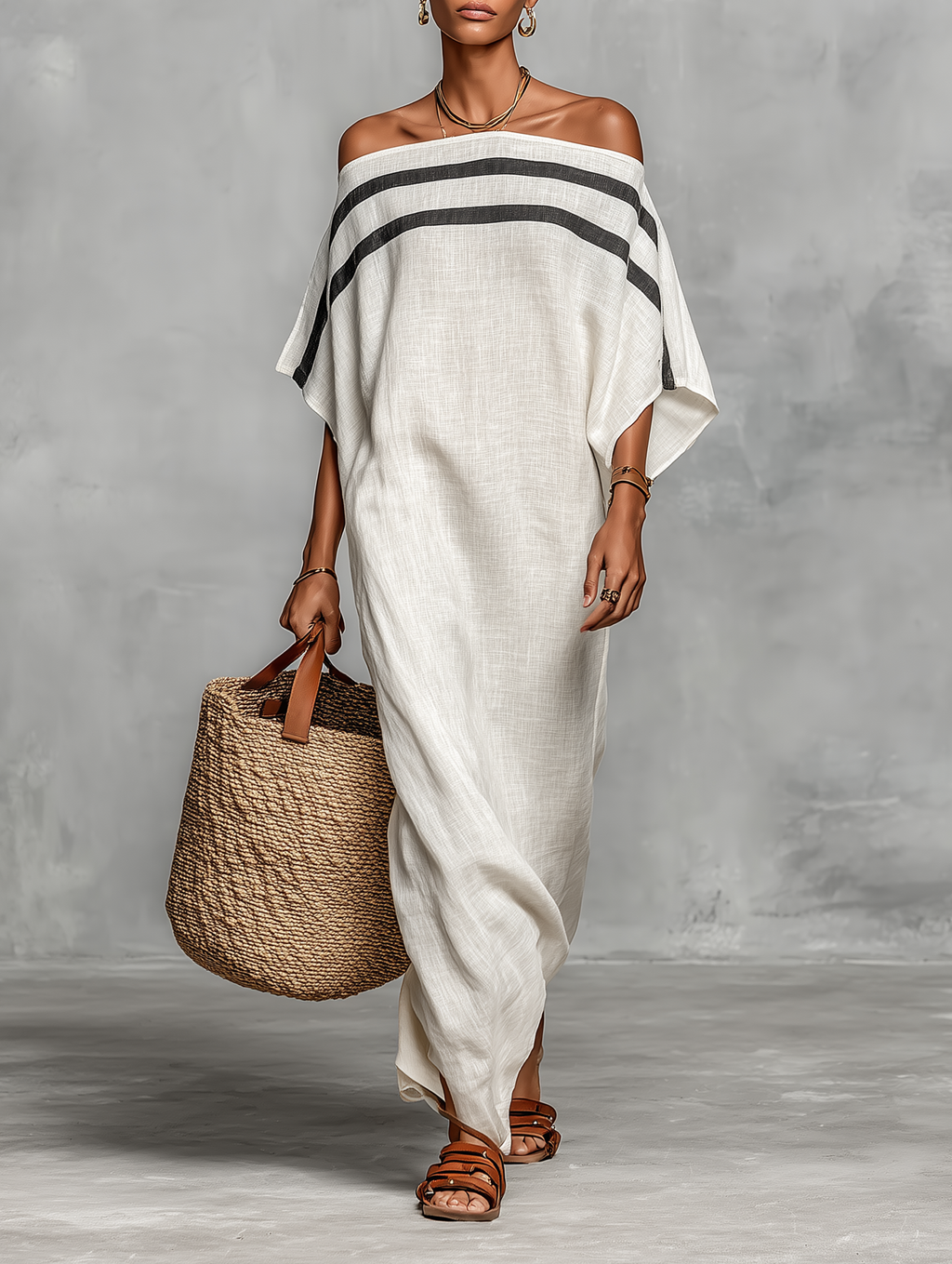Clean-Lined Linen-Blend Off-Shoulder Batwing Maxi-Length Dress