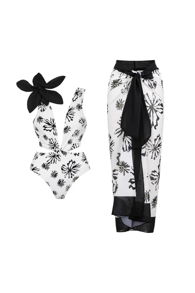 Flower Applique Patterned White One-Piece Swimwear