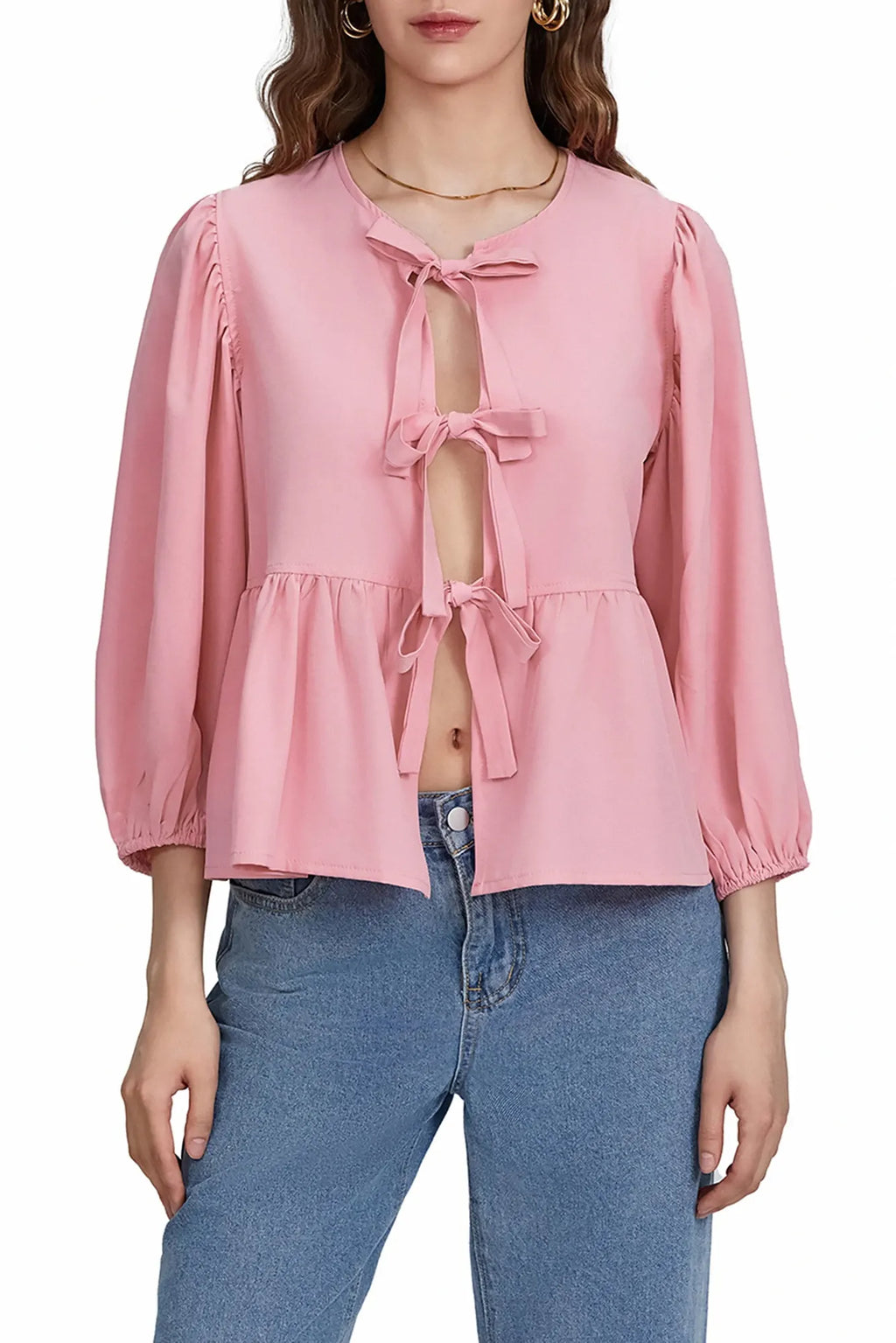 Modern Puff Sleeve Peplum Bow Ties Blouse Top
