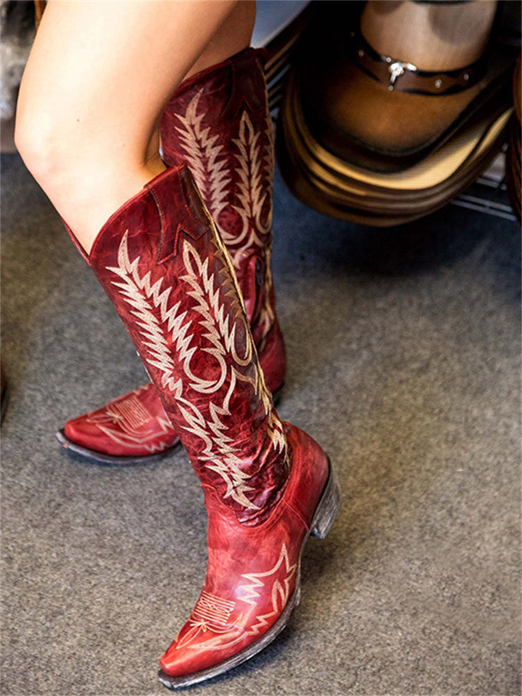 Retro Western Cowboy Embroidered Knee-High Boots