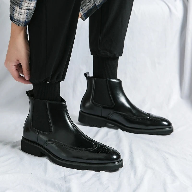 Leather Chelsea Boots with Brogue Detailing and Shock-Absorbing Sole