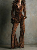 Retro Velvet Leopard Print Stand Collar Top & Flared Trousers Set