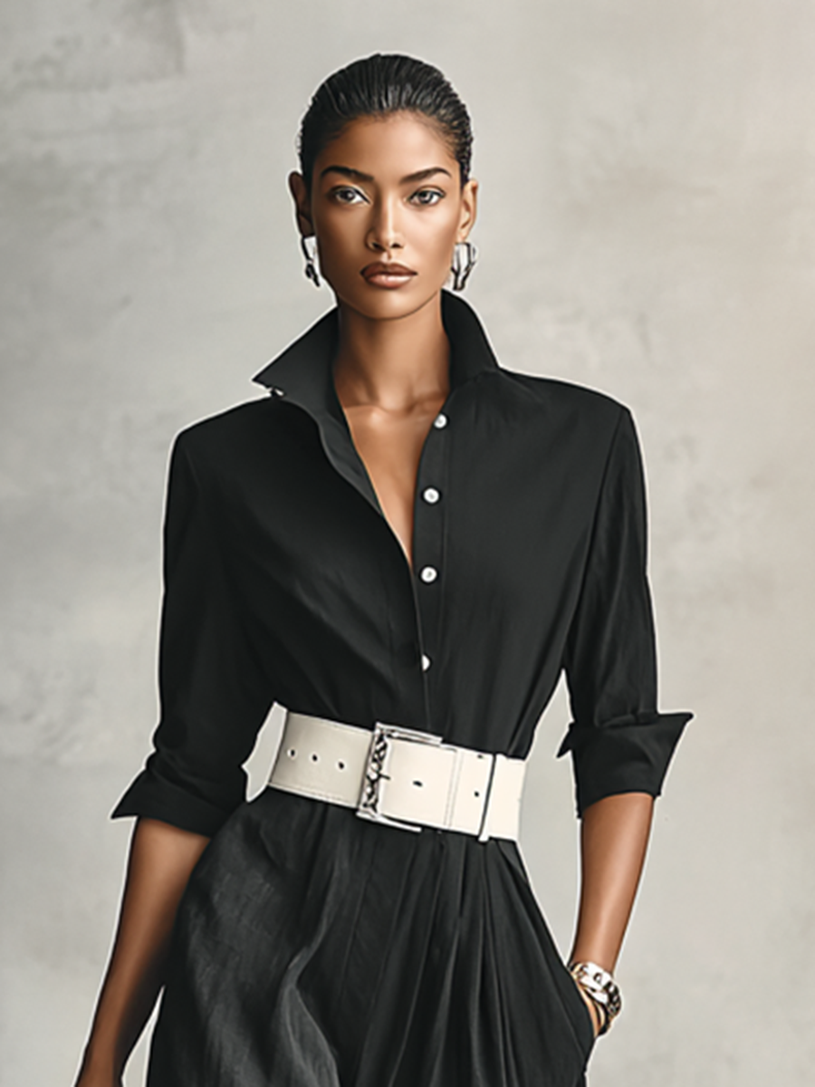 Modern Women's Lapel Single Breasted Long Sleeve Belted Jumpsuit
