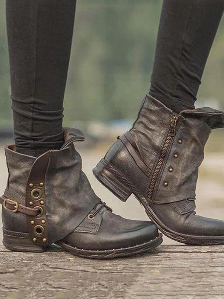 Retro Studded Patch Buckle Ankle Boots