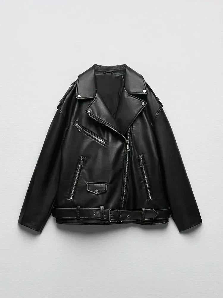 PU Faux Leather Jacket with Belt and Zipper