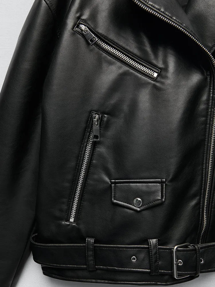 PU Faux Leather Jacket with Belt and Zipper