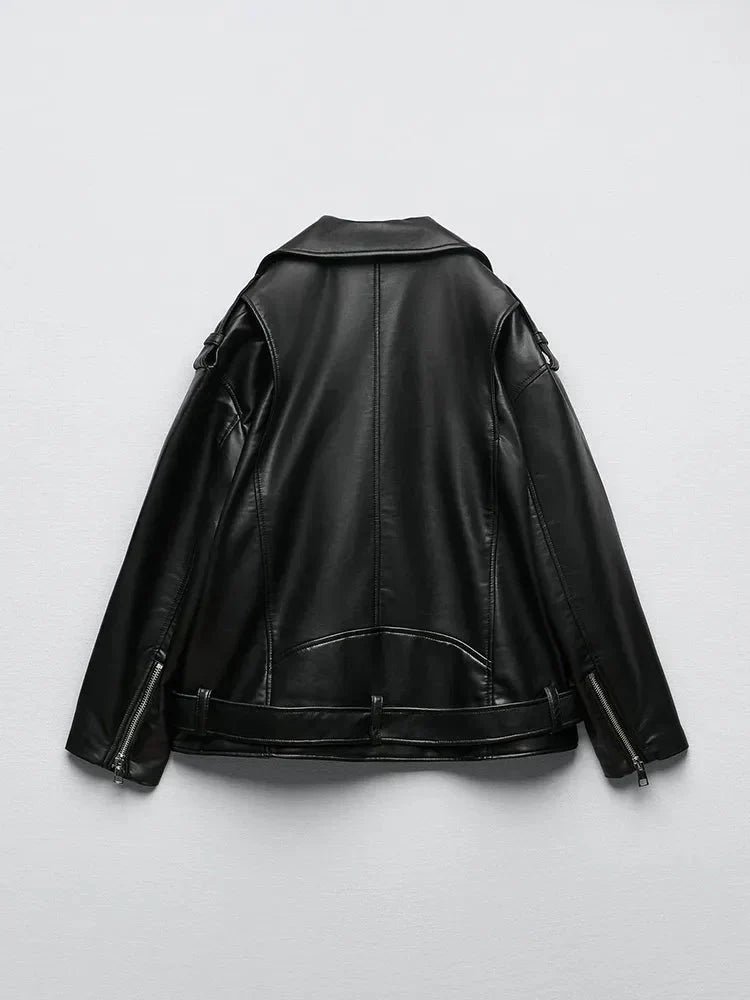 PU Faux Leather Jacket with Belt and Zipper
