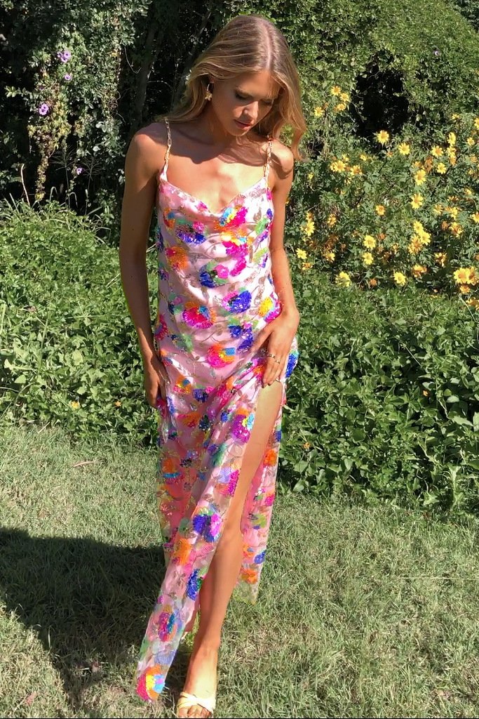 Fanny Embroidered Sequins Open-Back Maxi-Length Dress