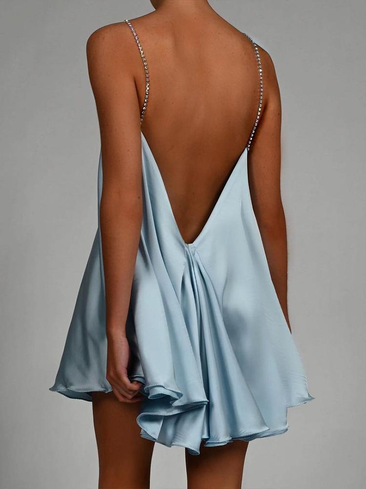 Modern Fanny Metal Chain Satin V-Neck Mini Doll Dress