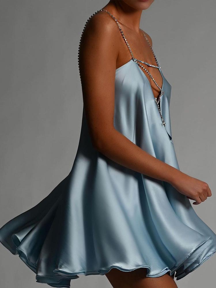 Modern Fanny Metal Chain Satin V-Neck Mini Doll Dress