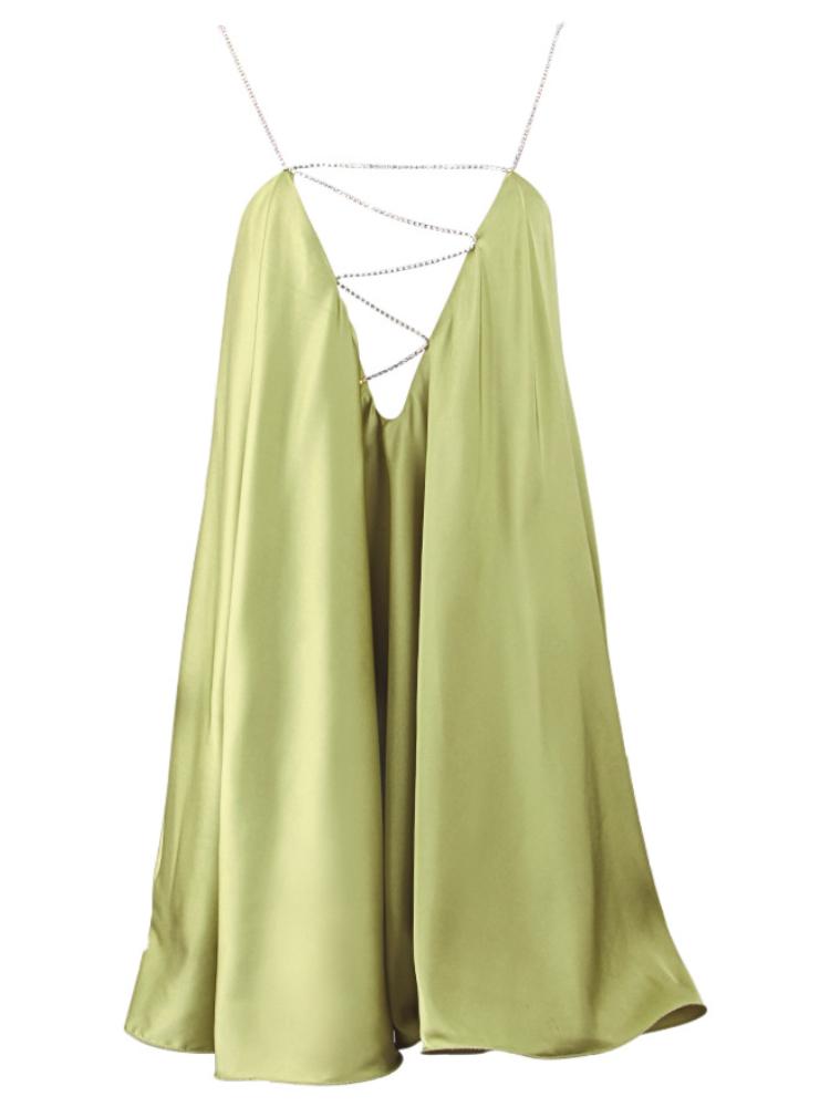 Modern Fanny Metal Chain Satin V-Neck Mini Doll Dress