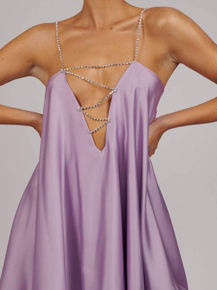 Modern Fanny Metal Chain Satin V-Neck Mini Doll Dress