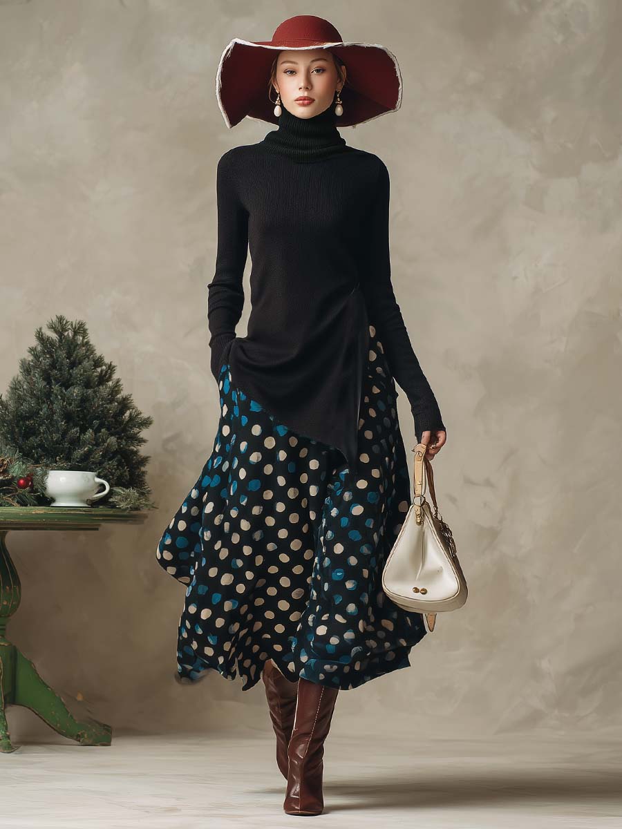Refined Black High-neck Side-slit Knitted Top And Dark Blue Satin Polka Dot Patterned Skirt Set