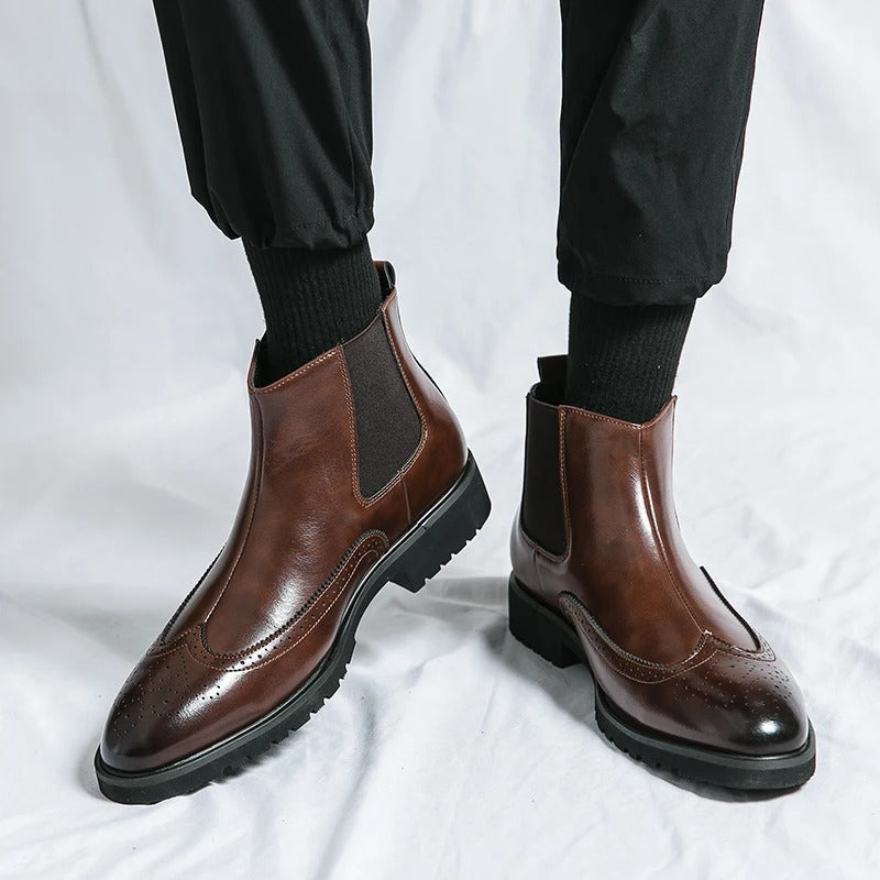 Leather Chelsea Boots with Brogue Detailing and Shock-Absorbing Sole