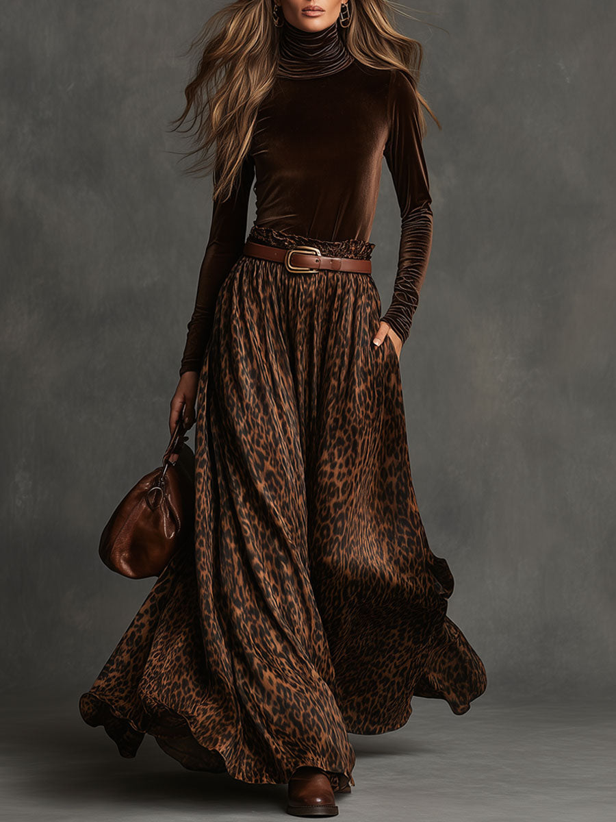 Retro Turtleneck Velvet Top And Leopard Print Skirt Set