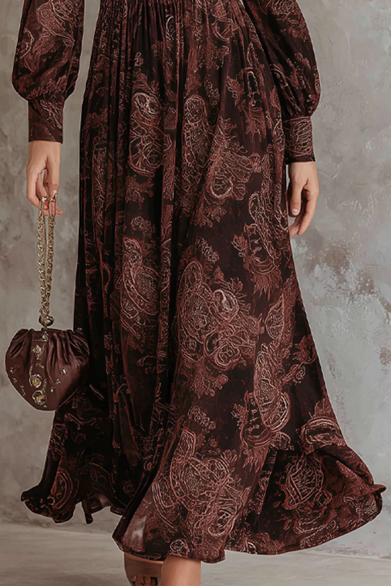 Brown Paisley Zippered Waist Maxi-Length Dress