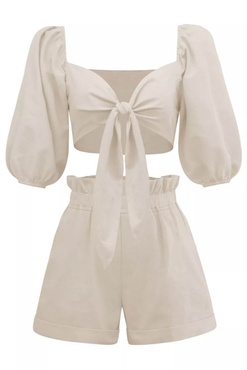 Modern Linen Wrap Front Tie Puff Sleeve Shorts Sets In Khaki