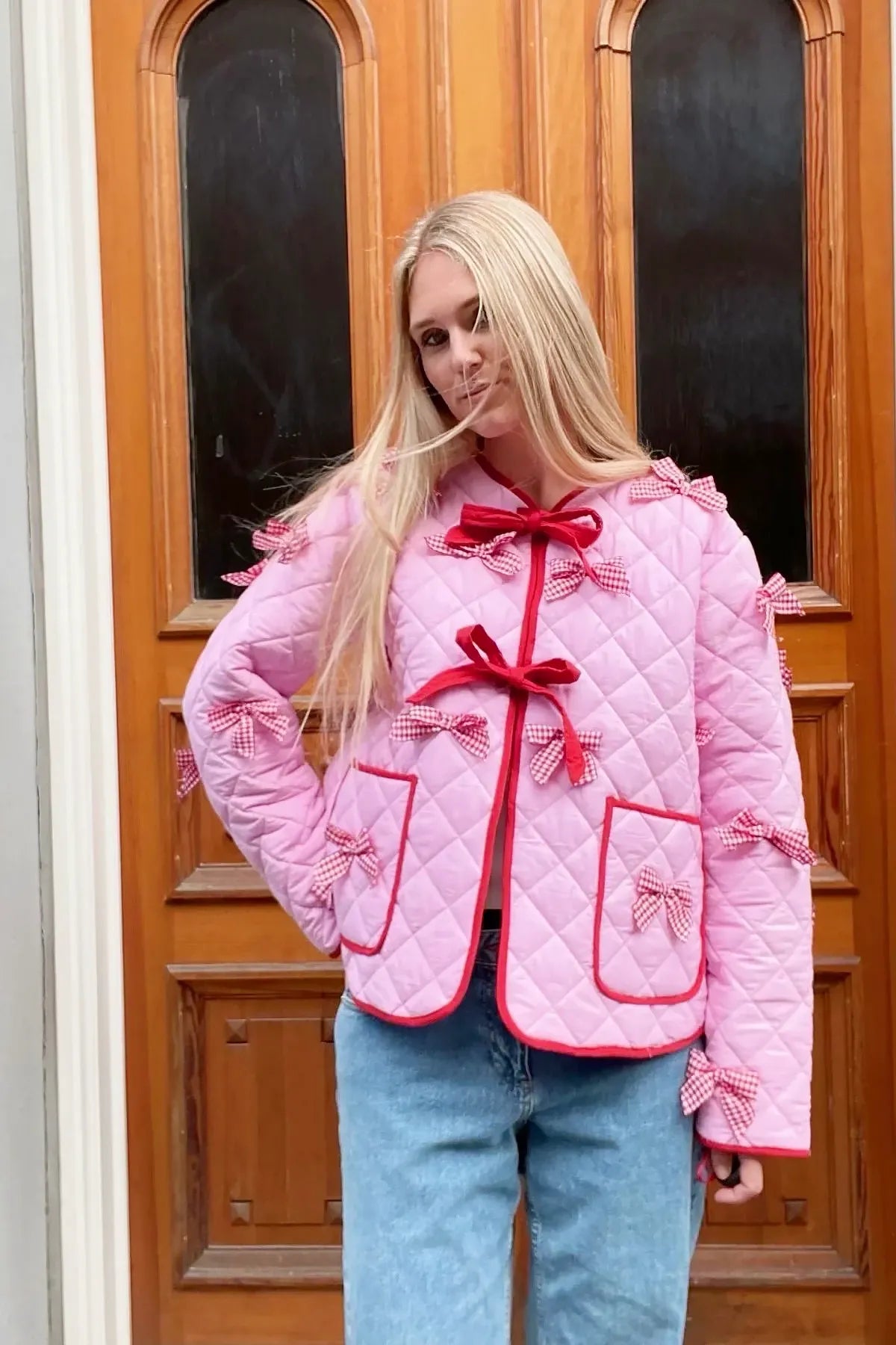 Relaxed Daily Solid Pocket Bow Decor Crew Neck Outerwear