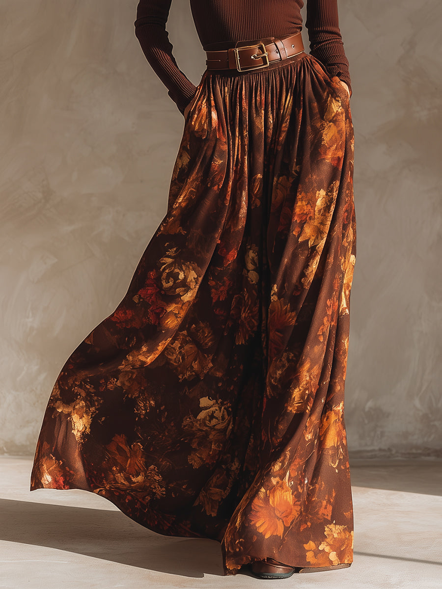 Retro Turtleneck Knitted Top & Patterned Long Skirt Set With Belt