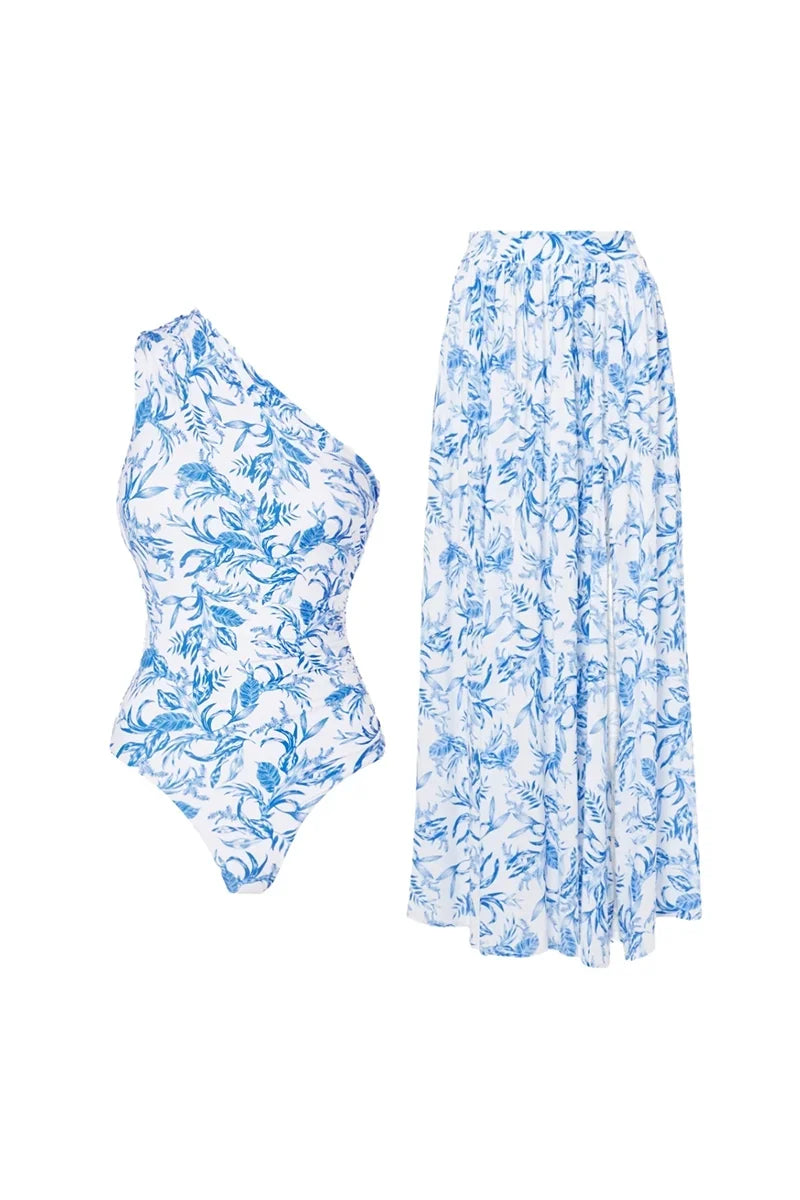 Fresh Flower One-Shoulder Blue Set