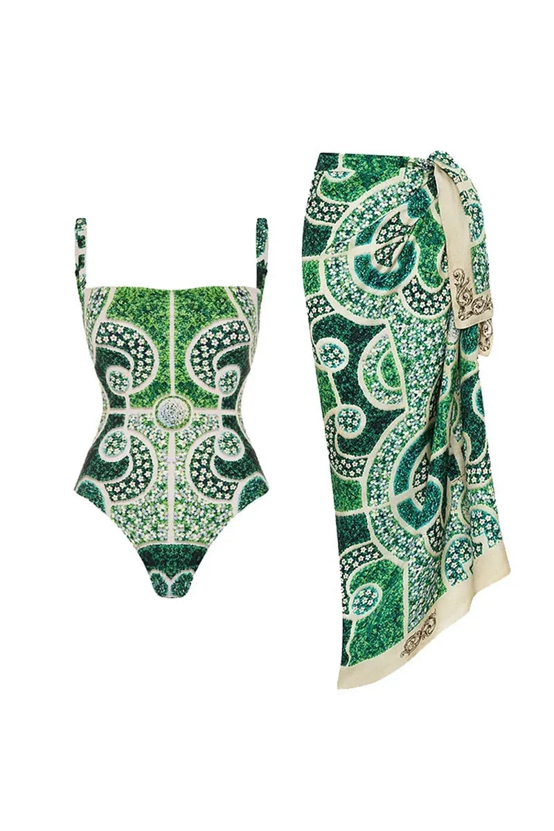 Green Ethnic Print One Piece Swimwear Set