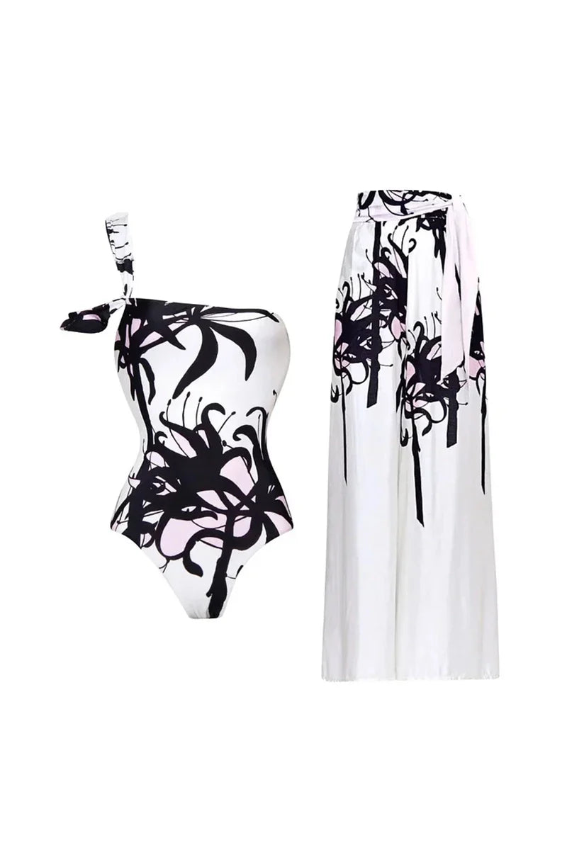 Chinese Ink Print One Piece Swimwear Set