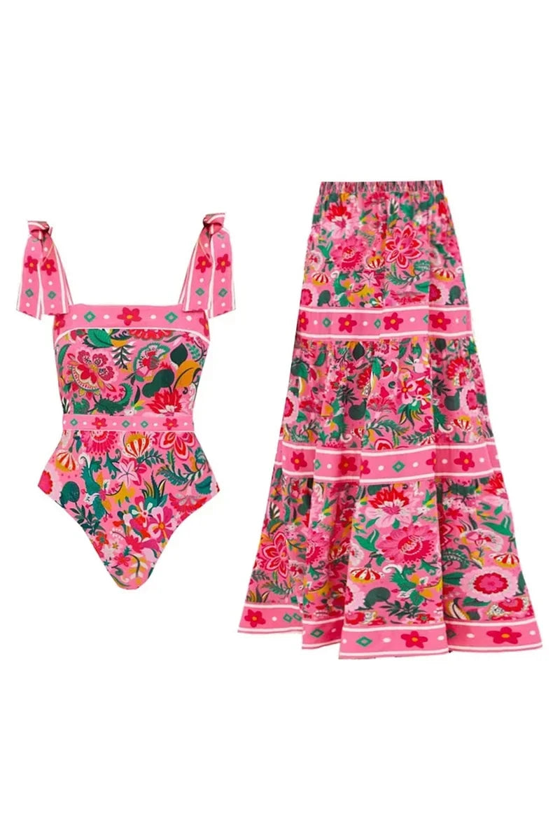 Flower Bowknot Tie One-Piece Swimwear