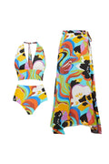 Deep V Halter Neck Print Sexy Swimwear Set
