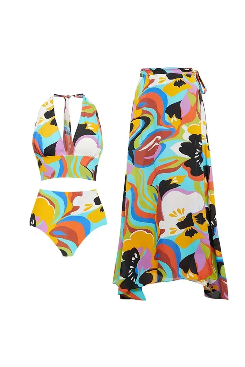 Deep V Halter Neck Print Sexy Swimwear Set