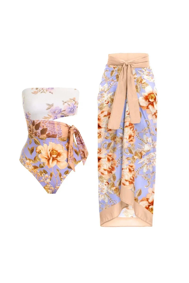 Cut-Out Flower Tie-Waist One-Piece Swimwear